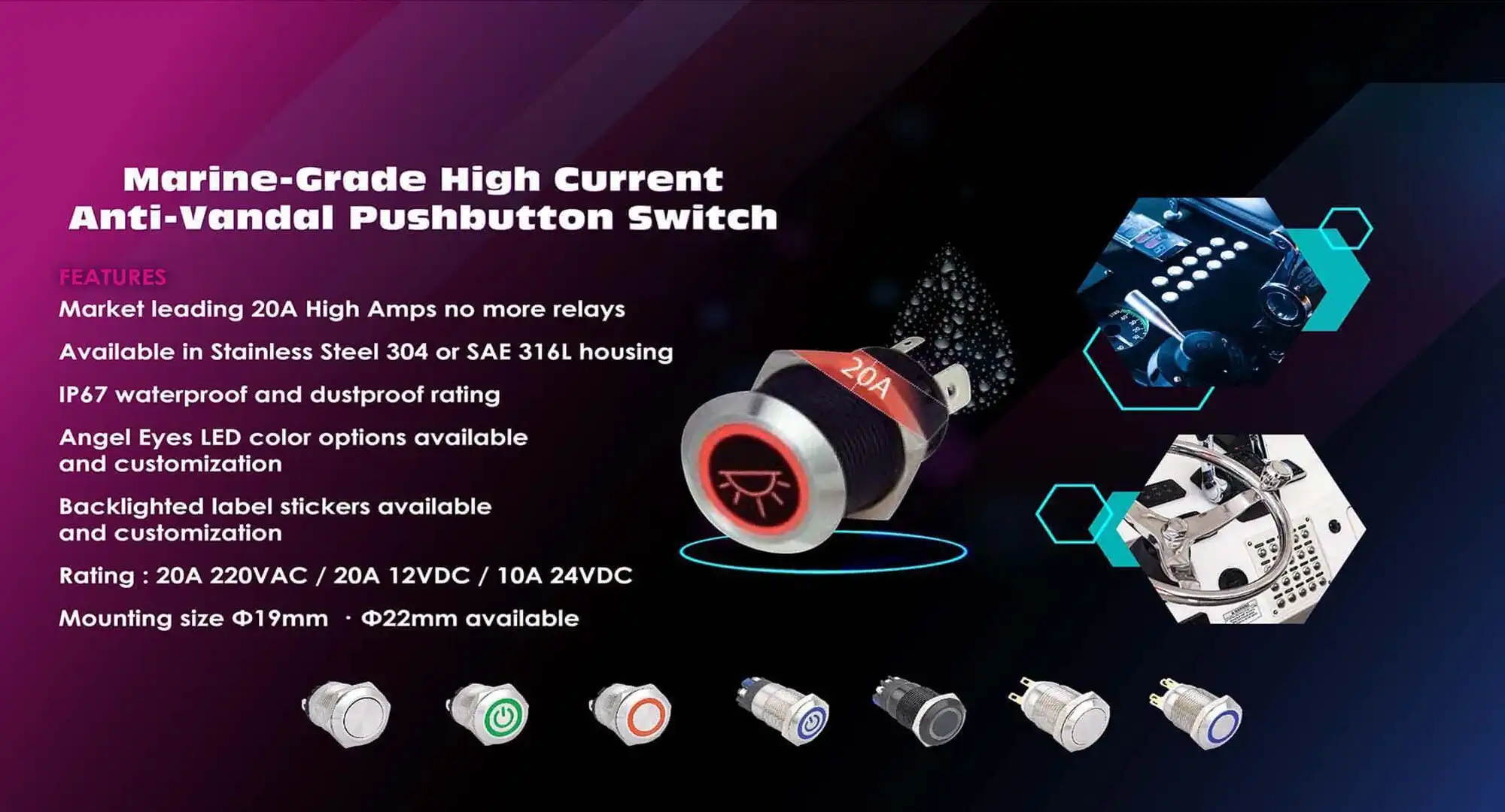 Marine-Grade High Current Anti-Vandal Pushbutton Switch