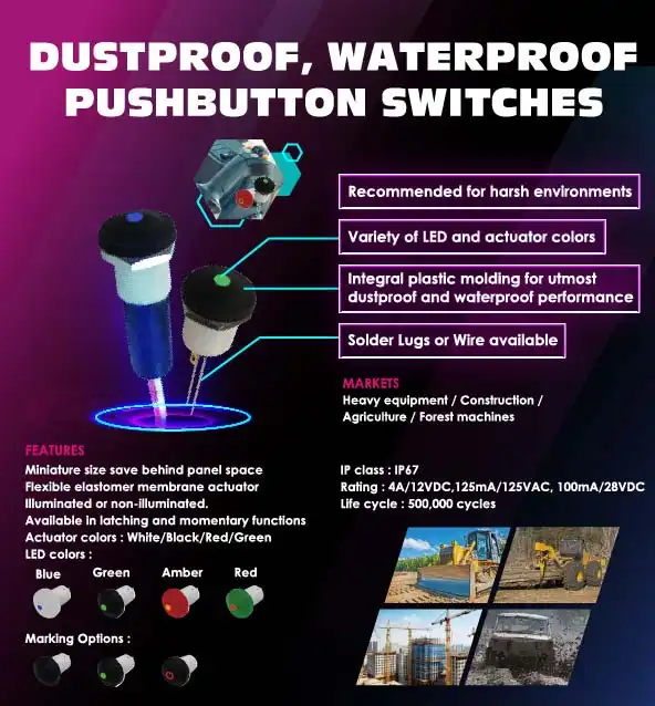 Dustproof, Waterproof, Pushbutton Switches, Harsh environments